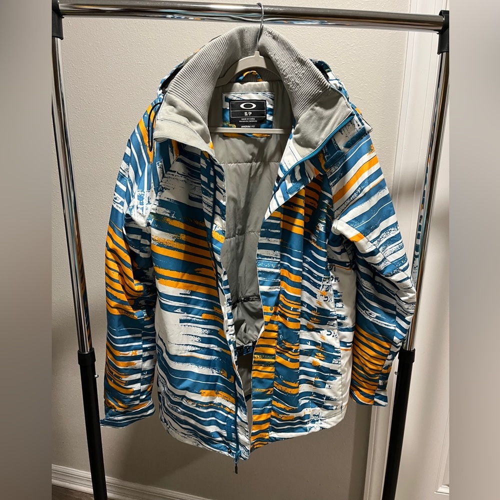 Oakley Jacket w/Hood Snowboard Ski Blue & Yellow Camouflage Mens Small-Preowned